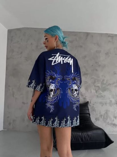 Unisex Bisiklet Yaka Baskılı Oversize T-Shirt - Lacivert resmi