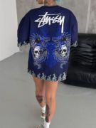 Unisex Bisiklet Yaka Baskılı Oversize T-Shirt - Lacivert resmi