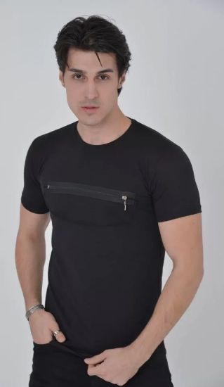 Erkek Göğüste Fermuar Aksesuarlı Dar Kalıp T-Shirt - Siyah resmi