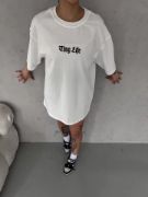 Unisex Bisiklet Yaka Baskılı Oversize T-Shirt - Beyaz resmi