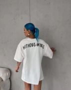 Unisex Bisiklet Yaka Baskılı Oversize T-Shirt - Beyaz resmi