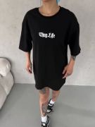 Unisex Bisiklet Yaka Baskılı Oversize T-Shirt - Siyah resmi