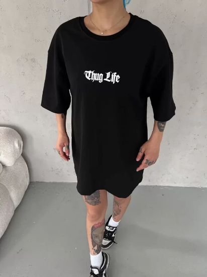 Unisex Bisiklet Yaka Baskılı Oversize T-Shirt - Siyah resmi