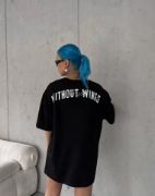 Unisex Bisiklet Yaka Baskılı Oversize T-Shirt - Siyah resmi