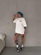 Unisex Bisiklet Yaka Baskılı Oversize T-Shirt - Beyaz resmi