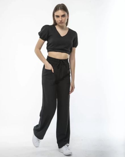 Kadin Keten Pantalon Ve Crop Takım - Siyah resmi