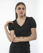 Kadin Keten Pantalon Ve Crop Takım - Siyah resmi