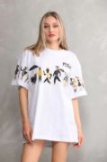 Unisex Bisiklet Yaka Baskılı Oversize T-Shirt - Beyaz resmi