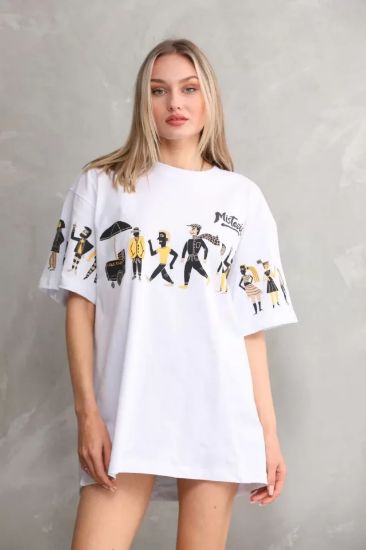 Unisex Bisiklet Yaka Baskılı Oversize T-Shirt - Beyaz resmi