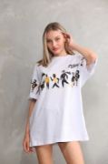 Unisex Bisiklet Yaka Baskılı Oversize T-Shirt - Beyaz resmi