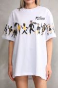 Unisex Bisiklet Yaka Baskılı Oversize T-Shirt - Beyaz resmi