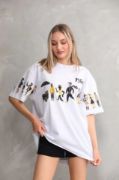 Unisex Bisiklet Yaka Baskılı Oversize T-Shirt - Beyaz resmi