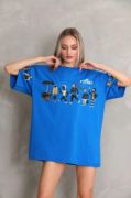 Unisex Bisiklet Yaka Baskılı Oversize T-Shirt - Mavi resmi