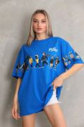 Unisex Bisiklet Yaka Baskılı Oversize T-Shirt - Mavi resmi