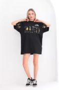 Unisex Bisiklet Yaka Baskılı Oversize T-Shirt - Siyah resmi