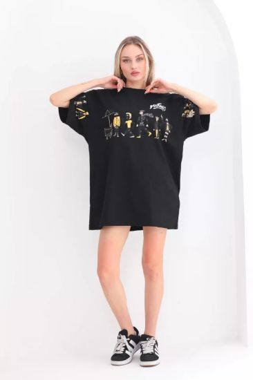 Unisex Bisiklet Yaka Baskılı Oversize T-Shirt - Siyah resmi