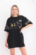 Unisex Bisiklet Yaka Baskılı Oversize T-Shirt - Siyah resmi