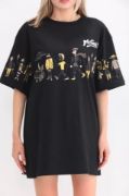 Unisex Bisiklet Yaka Baskılı Oversize T-Shirt - Siyah resmi