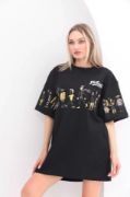 Unisex Bisiklet Yaka Baskılı Oversize T-Shirt - Siyah resmi