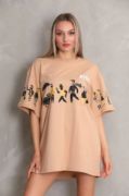 Unisex Bisiklet Yaka Baskılı Oversize T-Shirt - Bej resmi