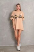 Unisex Bisiklet Yaka Baskılı Oversize T-Shirt - Bej resmi