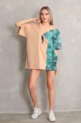 Unisex Bisiklet Yaka Baskılı Oversize T-Shirt - Bej resmi