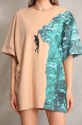 Unisex Bisiklet Yaka Baskılı Oversize T-Shirt - Bej resmi