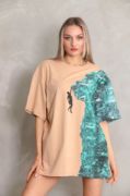 Unisex Bisiklet Yaka Baskılı Oversize T-Shirt - Bej resmi