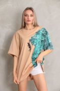 Unisex Bisiklet Yaka Baskılı Oversize T-Shirt - Bej resmi