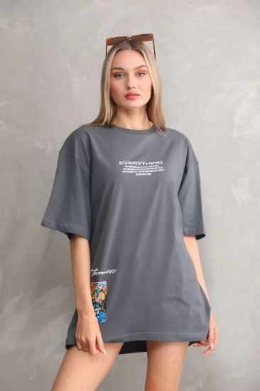 Unisex Bisiklet Yaka Baskılı Oversize T-Shirt - Gri resmi
