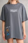 Unisex Bisiklet Yaka Baskılı Oversize T-Shirt - Gri resmi