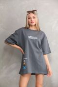 Unisex Bisiklet Yaka Baskılı Oversize T-Shirt - Gri resmi