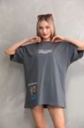 Unisex Bisiklet Yaka Baskılı Oversize T-Shirt - Gri resmi