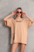 Unisex Bisiklet Yaka Baskılı Oversize T-Shirt - Bej resmi