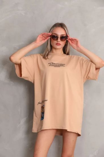 Unisex Bisiklet Yaka Baskılı Oversize T-Shirt - Bej resmi