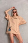 Unisex Bisiklet Yaka Baskılı Oversize T-Shirt - Bej resmi