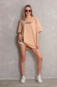 Unisex Bisiklet Yaka Baskılı Oversize T-Shirt - Bej resmi