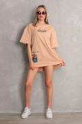 Unisex Bisiklet Yaka Baskılı Oversize T-Shirt - Bej resmi