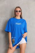 Unisex Bisiklet Yaka Baskılı Oversize T-Shirt - Mavi resmi