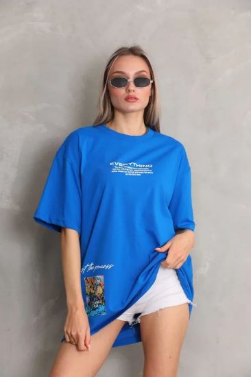 Unisex Bisiklet Yaka Baskılı Oversize T-Shirt - Mavi resmi