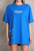 Unisex Bisiklet Yaka Baskılı Oversize T-Shirt - Mavi resmi