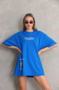 Unisex Bisiklet Yaka Baskılı Oversize T-Shirt - Mavi resmi
