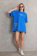 Unisex Bisiklet Yaka Baskılı Oversize T-Shirt - Mavi resmi