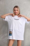 Unisex Bisiklet Yaka Baskılı Oversize T-Shirt - Beyaz resmi