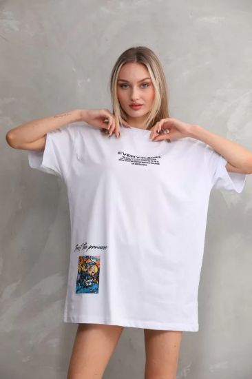 Unisex Bisiklet Yaka Baskılı Oversize T-Shirt - Beyaz resmi