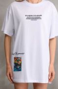 Unisex Bisiklet Yaka Baskılı Oversize T-Shirt - Beyaz resmi
