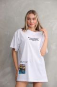 Unisex Bisiklet Yaka Baskılı Oversize T-Shirt - Beyaz resmi
