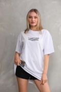 Unisex Bisiklet Yaka Baskılı Oversize T-Shirt - Beyaz resmi