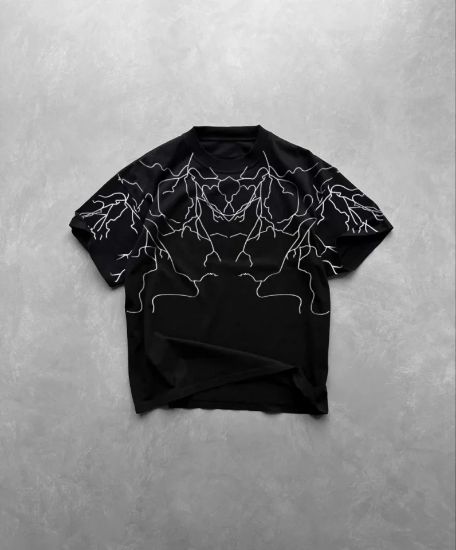 Unisex Bisiklet Yaka Baskılı Oversize T-Shirt - Siyah resmi