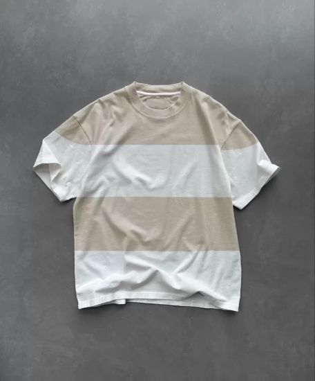 Unisex Bisiklet Yaka Parçalı T-Shirt - Bej resmi